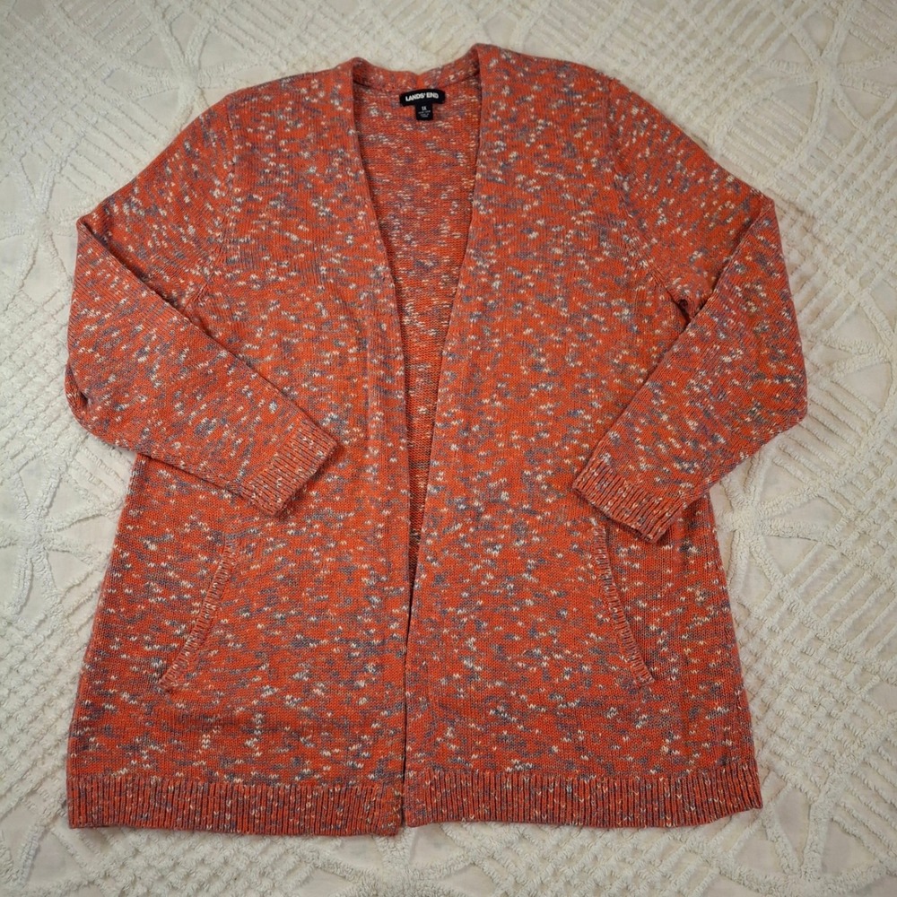Lands End Womens 1X Cardigan Orange Multi Space Dye Open Front Knit Pockets